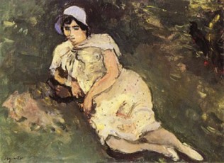 Femme au chapeau bleu se reposant dans un paysage