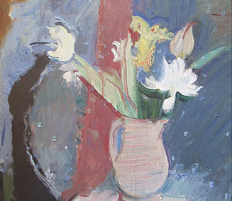 Nature morte au vase de fleurs et tabouret