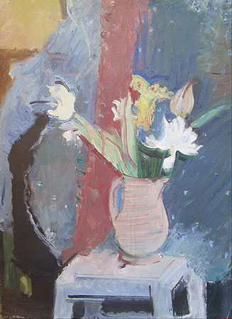 Nature morte au vase de fleurs et tabouret